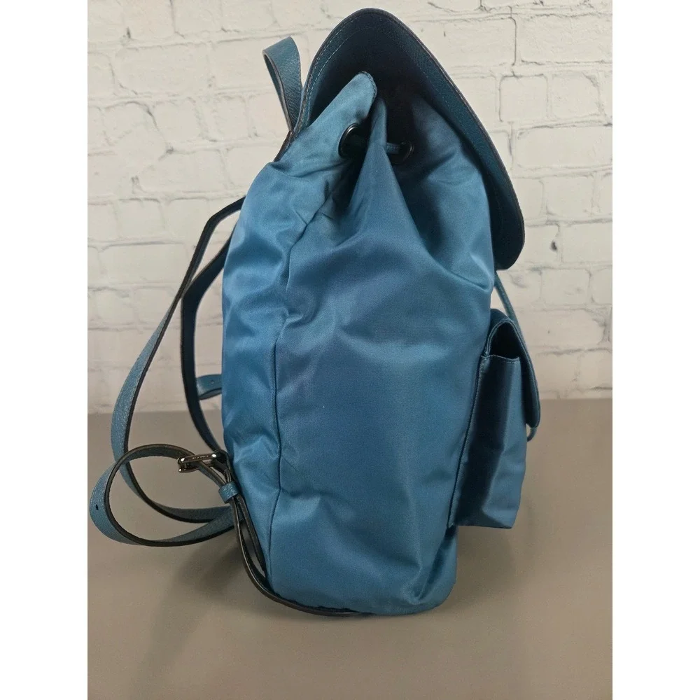 Coach Blue Teal Nylon Leather Backpack F58814 Silvertone Turnlock Bag Womens